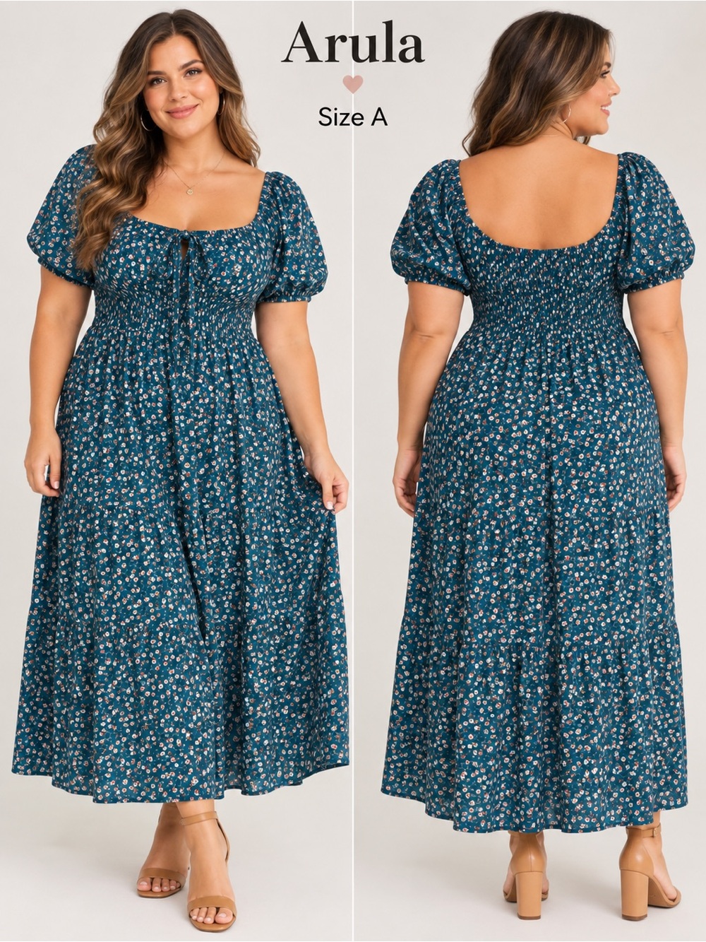 ARULA Size A Teal Ditsy Floral Smocked Cotton Puff Sleeve Midi Maxi Dress